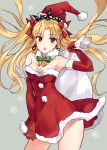  1girl asle bangs bell blonde_hair bow breasts christmas cleavage commentary_request cowboy_shot dress earrings elbow_gloves ereshkigal_(fate/grand_order) eyebrows_visible_through_hair fate/grand_order fate_(series) fur-trimmed_dress fur-trimmed_gloves fur-trimmed_hat fur_collar fur_trim gloves green_bow grey_background hair_bow hand_up hat holding holding_sack infinity jewelry long_hair looking_at_viewer medium_breasts open_mouth parted_bangs red_bow red_dress red_eyes red_gloves red_hat sack santa_costume santa_hat snowflakes solo strapless strapless_dress striped striped_bow tiara two_side_up very_long_hair 
