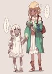  2girls backpack bag bare_shoulders blonde_hair blush braid brown_eyes brown_footwear dark_elf dark_skin detached_collar dress elf flower flying_sweatdrops french_braid green_dress grey_background hair_flower hair_ornament hand_holding height_difference highres multiple_girls narumi_arata original pointy_ears puffy_short_sleeves puffy_sleeves red_eyes sandals shoes short_hair short_sleeves sidelocks simple_background socks standing translation_request white_dress white_hair white_legwear 