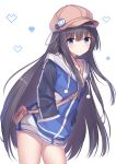  1girl azur_lane badge bag bangs blue_eyes blush brown_hair brown_hat button_badge cabbie_hat chains closed_mouth commentary_request eyebrows_visible_through_hair hair_between_eyes hands_in_pocket hat head_tilt heart heart_background highres leaning_forward long_hair long_island_(azur_lane) shoulder_bag simple_background solo standing takeg05 very_long_hair white_background 