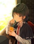  1girl black_hair brown_eyes brown_hair capelet chair cup drink drinking_glass drinking_straw eyebrows_visible_through_hair fumei_(mugendai) hair_ribbon hat headwear_removed looking_at_viewer necktie ribbon short_hair sitting smile solo touhou upper_body usami_renko window 