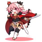  1boy :d astolfo_(fate) black_bow black_dress black_legwear black_ribbon blush boots bow braid chibi commentary_request crown dress eyebrows_visible_through_hair fang fate/apocrypha fate_(series) full_body fur_trim furrification furry garter_straps gauntlets hair_bow hair_ribbon langbazi long_hair looking_at_viewer mini_crown open_mouth otoko_no_ko pink_eyes pink_hair red_skirt ribbon short_dress signature simple_background single_braid skirt smile solo standing thigh-highs v v_over_eye white_background 