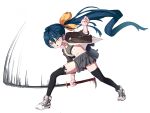  1girl black_legwear blue_hair bow coat hair_bow holding holding_sword holding_weapon katana long_hair mabera motion_lines navel open_clothes open_shirt original pleated_skirt ponytail shoes skirt sneakers solo sports_bra sword thigh-highs torn_clothes torn_legwear very_long_hair weapon white_background yellow_eyes 