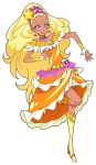  1girl amamiya_erena bare_shoulders blonde_hair closed_eyes cure_soleil dark_skin dress earrings forehead full_body hair_ornament high_heels highres jewelry long_hair looking_at_viewer magical_girl necklace official_art orange_dress precure sleeveless smile solo standing standing_on_one_leg star star_hair_ornament star_twinkle_precure very_long_hair violet_eyes wrist_cuffs 