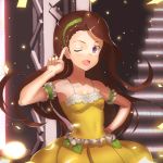  1girl ;d arm_strap asymmetrical_hair blurry blurry_background breasts brown_hair cleavage collarbone floating_hair frilled_shirt frills green_hairband hairband hand_on_hip idolmaster idolmaster_(classic) index_finger_raised jyon long_hair looking_at_viewer minase_iori one_eye_closed open_mouth pleated_skirt shiny shiny_hair shirt skirt sleeveless sleeveless_shirt small_breasts smile solo stage standing very_long_hair violet_eyes vital_sunflower yellow_shirt yellow_skirt 