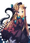  1girl abigail_williams_(fate/grand_order) bangs black_bow black_dress black_hat blonde_hair blue_eyes blush bow bug butterfly closed_mouth dress fate/grand_order fate_(series) forehead hair_bow hat highres insect long_hair long_sleeves looking_at_viewer orange_bow parted_bangs polka_dot polka_dot_bow simple_background sleeves_past_fingers sleeves_past_wrists smile solo tentacle ugume white_background white_bloomers 