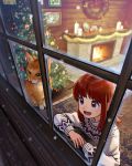  1girl :d arm_rest brown_eyes candle cat christmas christmas_tree commentary english_commentary fireplace highres looking_out_window nashigaya_koyomi open_mouth original redhead smile snowing sweater window wreath 