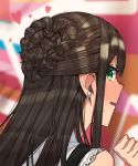  1girl alternate_hairstyle bangs bare_shoulders black_hair blush braid clenched_hand ear_blush earrings embarrassed erere face french_braid from_behind full-face_blush green_eyes heart idolmaster idolmaster_cinderella_girls jewelry long_hair looking_at_viewer looking_back open_mouth shibuya_rin shiny shiny_hair shirt solo stud_earrings suspenders sweatdrop wavy_mouth white_shirt 