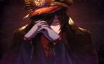  1girl artist_name black_hair breasts cape collared_shirt fate/grand_order fate_(series) gloves grin hair_between_eyes hands_together hat jacket jacket_on_shoulders japanese_clothes long_hair long_sleeves looking_at_viewer marchab_66 military_hat oda_nobunaga_(fate) peaked_cap red_eyes serious shirt smile solo uniform upper_body 