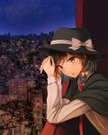  1girl black_hair brown_eyes brown_hair capelet city cityscape eyebrows_visible_through_hair fedora fumei_(mugendai) hair_ribbon hat leaning_on_object looking_at_viewer necktie night night_sky ribbon short_hair sky solo touhou upper_body usami_renko window 