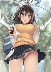  1girl bag bangs black_skirt blue_sky blurry blurry_background blush breasts brown_hair clouds cloudy_sky collared_shirt cup day depth_of_field disposable_cup eyebrows_visible_through_hair from_below hair_between_eyes hair_ornament holding holding_cup holding_umbrella kureha_(ironika) large_breasts long_hair long_sleeves looking_at_viewer looking_down original outdoors panties pink_panties pleated_skirt rain school_bag school_uniform shirt skirt skirt_lift sky solo sweater_vest transparent transparent_umbrella tree umbrella underwear white_shirt wind wind_lift x_hair_ornament 