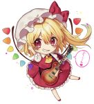  1girl absurdres arm_up ascot bangs blonde_hair blush bow chibi commentary_request eyebrows_visible_through_hair flandre_scarlet grin guitar hair_between_eyes hat hat_bow hexagram highres holding holding_instrument instrument kyouda_suzuka looking_at_viewer mob_cap one_side_up puffy_short_sleeves puffy_sleeves red_bow red_eyes red_footwear red_skirt red_vest shirt shoes short_sleeves simple_background skirt skirt_set smile solo sparkle speech_bubble star touhou translation_request v-shaped_eyebrows vest white_background white_hat white_shirt wings yellow_neckwear 