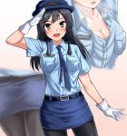  1girl :d alternate_costume arm_up ass belt belt_buckle black_belt black_hair black_legwear blue_hat blue_neckwear blue_shirt blue_skirt blush breast_pocket breasts buckle buttons cleavage collarbone collared_shirt commentary_request commission cowboy_shot dress_shirt epaulettes gloves hat highres kantai_collection logo long_hair looking_at_viewer multiple_views necktie open_mouth oyashio_(kantai_collection) pantyhose partially_unbuttoned pencil_skirt pocket police police_hat police_uniform policewoman salute shirt short_sleeves skirt smile sweat uniform white_gloves yellow_eyes zanntetu 
