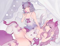  2girls animal_ear_fluff animal_ears bare_arms bare_shoulders bed bow breasts bustier camisole candy canopy_bed cat_ears cat_girl cat_tail cleavage commentary_request demon_girl demon_horns demon_tail demon_wings earrings food hair_bow heart holding holding_food holding_lollipop horns jewelry knee_up lingerie lollipop long_hair lying medium_breasts miyako_(xxxbibit) multiple_girls on_back original panties pillow pink_eyes pink_hair purple_bow purple_hair purple_wings side-tie_panties sitting star tail thigh-highs transparent underwear very_long_hair white_camisole white_legwear white_panties wings 