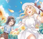  2girls :d artist_name bang_dream! bangs bear_hat belt black_hair blonde_hair blue_eyes blue_shirt brown_hat brown_shorts collared_shirt commentary day dress flower hand_holding hat hat_ribbon highres long_hair medium_hair multiple_girls okusawa_misaki open_mouth outdoors petals ribbon round_teeth shirt short_sleeves shorts smile succhii_(pikaru) sunflower teeth tsurumaki_kokoro upper_teeth white_dress white_hat yellow_eyes 