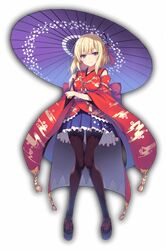  1girl bangs blonde_hair blue_eyes blue_skirt breasts butterfly_hair_ornament closed_mouth collarbone eyebrows_visible_through_hair floral_print full_body hair_ornament holding japanese_clothes kimono kimono_skirt looking_at_viewer medium_breasts obi oriental_umbrella pantyhose sandals sash shiny shiny_clothes shiny_hair short_hair skirt smile solo standing tomose_shunsaku transparent_background umbrella wide_sleeves 