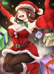  1girl absurdres adahcm belt blush boku_no_hero_academia boots brown_hair closed_eyes eyebrows_visible_through_hair gloves hat highres open_mouth santa_boots santa_costume santa_gloves santa_hat short_hair sky solo star_(sky) starry_sky uraraka_ochako 