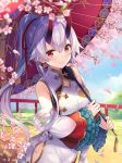  1girl bangs blue_sky blurry blurry_background blurry_foreground blush cherry_blossoms china_dress chinese_clothes closed_mouth clouds commentary_request day depth_of_field detached_sleeves dress eyebrows_visible_through_hair fate/grand_order fate_(series) flower gradient gradient_background hair_between_eyes hair_ribbon heroic_spirit_traveling_outfit high_ponytail hitsukuya holding holding_umbrella horns long_hair long_sleeves oni oni_horns oriental_umbrella outdoors petals pink_background pink_flower ponytail railing red_eyes red_ribbon red_umbrella ribbon sidelocks silver_hair sky sleeveless sleeveless_dress smile solo tomoe_gozen_(fate/grand_order) tree_branch umbrella very_long_hair white_background white_dress white_sleeves wide_sleeves 