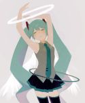  1girl angel_wings armpits arms_up bare_arms bare_shoulders black_skirt blue_neckwear breasts closed_eyes commentary expressionless grey_background grey_shirt halo hatsune_miku hoop hula_hoop long_hair necktie sanshichi_(eytc4832) shirt simple_background skirt sleeveless sleeveless_shirt small_breasts solo standing thigh-highs thighs twintails upper_body very_long_hair vocaloid wings 