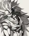  1boy arms_at_sides bangs cowboy_shot dougi dragon_ball dragonball_z dutch_angle expressionless grey_background greyscale long_hair male_focus monochrome no_eyebrows no_eyes serious shaded_face simple_background son_gokuu super_saiyan_3 upper_body very_long_hair 