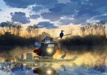  artist_name bird boat cape chinese_clothes clouds cloudy_sky commentary cormorant english_commentary hat highres holding lantern light_particles mclelun no_humans original outdoors panda pants red_cape reflection rice_hat river shirt sky solo standing stick watercraft 