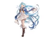  1girl bangs blue_eyes blue_hair boots breath brown_footwear dress earmuffs full_body fur_trim granblue_fantasy hands_up knee_boots long_hair looking_at_viewer lyria_(granblue_fantasy) minaba_hideo official_art parted_bangs pom_pom_(clothes) scarf short_dress smile solo standing thigh_strap transparent_background very_long_hair white_dress winter_clothes 