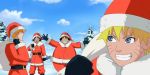  4boys belt black_hair bleach blonde_hair blue_eyes blue_sky christmas closed_eyes clouds crossover dragon_ball dragonball_z field grin hat kurosaki_ichigo looking_at_another monkey_d_luffy multiple_boys naruto_(series) official_style one_piece orange_hair outdoors outstretched_arms santa_costume santa_hat shounen_jump sky smile snow son_gokuu uzumaki_naruto 