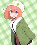  1girl :d bangs beanie black_skirt blue_eyes blush breasts clover eyebrows_behind_hair four-leaf_clover go-toubun_no_hanayome green_background green_jacket hair_between_eyes hat heart highres jacket kujou_karasuma long_sleeves looking_at_viewer medium_breasts nakano_yotsuba open_clothes open_jacket open_mouth plaid plaid_background pleated_skirt shirt signature skirt sleeves_past_wrists smile solo white_headwear white_shirt 