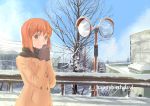  1girl black_gloves black_scarf blue_sky brown_coat brown_eyes brown_hair coat eyebrows_visible_through_hair gloves hagiwara_yukiho happy_birthday idolmaster idolmaster_(classic) jyon looking_at_viewer mittens outdoors scarf short_hair sky snow solo standing upper_body winter winter_clothes winter_coat 