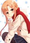  1girl asuna_(sao) beige_jacket black_skirt blush brown_eyes brown_hair commentary_request dot_nose eyebrows_visible_through_hair gyaoo_yuzu_soft hand_on_own_cheek hand_on_own_face highres hood hoodie jacket long_hair looking_at_viewer miniskirt open_eyes open_mouth pantyhose red_neckwear red_scarf scarf simple_background sitting skirt snowflake_print snowflakes solo sword_art_online white_background winter winter_clothes 