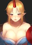  1girl bangs black_background blonde_hair blue_kimono blush breasts cleavage collarbone cup eyebrows_visible_through_hair fang half-closed_eyes highres horn hoshiguma_yuugi japanese_clothes kimono large_breasts long_hair off_shoulder open_mouth pointy_ears red_eyes sakazuki sidelocks simple_background solo touhou upper_body wavy_mouth yayoimaka03 
