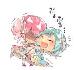  +++ 2girls aqua_hair bang_dream! blue_dress blue_footwear chibi closed_eyes detached_sleeves dress frills frown hair_ribbon hikawa_hina laughing lifting_person maruyama_aya multiple_girls no_eyes open_mouth pink_dress pink_footwear pink_hair ribbon shaded_face shi_noyuki short_hair side_braids simple_background smile standing sweatdrop tearing_up thigh-highs trembling twintails twitter_username wavy_mouth white_background white_legwear white_ribbon 