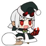  :d black_capelet black_ribbon black_skirt blush bright_pupils capelet chibi christmas commentary dark_persona english_commentary fubuki_(kantai_collection) full_body grey_hair hair_ribbon hat holding holding_sack horns horns_through_headwear kantai_collection kion-kun looking_at_viewer lycoris_fubuki open_mouth oversized_forearms oversized_limbs padoru ponytail red_eyes ribbon sack santa_costume santa_hat shinkaisei-kan simple_background skirt smile spoilers standing white_background 