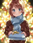  1girl black_coat blue_eyes blue_scarf blurry blush bokeh box braid brown_hair christmas commentary_request depth_of_field double-breasted gift gift_box highres holding holding_gift incoming_gift long_sleeves looking_at_viewer love_live! love_live!_sunshine!! minori_748 night outdoors scarf short_hair side_braid smile solo upper_body watanabe_you 