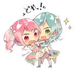  2girls :d aqua_hair bang_dream! bangs blue_dress blue_footwear carrying chibi commentary_request detached_sleeves dress frills green_eyes hair_ribbon hikawa_hina maruyama_aya multiple_girls open_mouth pink_dress pink_eyes pink_footwear pink_hair princess_carry ribbon shi_noyuki short_hair side_braids simple_background smile sparkle standing sweatdrop thigh-highs twintails twitter_username wavy_mouth white_background white_legwear white_ribbon yuki_(t128) 