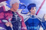  2boys akujiki59 archer_(fate) blue_hair blurry closed_mouth clouds commentary_request copyright_name covered_abs cu_chulainn_(fate) cu_chulainn_(fate/stay_night) dark-skinned_male dark_skin day fate_(series) floating_hair hair_tubes hand_up holding long_hair male_focus multiple_boys outdoors parted_lips ponytail red_eyes shoulder_plates sky smile smoke spiky_hair white_hair 