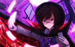  1girl brown_eyes brown_hair cape card cellphone fumei_(mugendai) glasses grin hat looking_at_viewer phone purple_background red-framed_eyewear short_hair short_twintails smartphone smile solo touhou twintails upper_body usami_sumireko 
