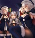  3girls ahoge alternate_costume artoria_pendragon_(all) black_bikini_top black_dress black_gloves black_hat black_legwear blonde_hair blush boots cape capelet cosplay dress elbow_gloves fate/grand_order fate_(series) fur-trimmed_boots fur-trimmed_capelet fur-trimmed_dress fur-trimmed_gloves fur_trim gloves green_ribbon hat headpiece highres jeanne_d&#039;arc_(alter)_(fate) jeanne_d&#039;arc_(fate)_(all) jeanne_d&#039;arc_alter_santa_lily looking_at_viewer multiple_girls night night_sky outdoors pantyhose ribbon santa_alter santa_alter_(cosplay) santa_costume santa_dress santa_hat short_dress sky smile striped striped_ribbon thigh-highs white_capelet yayoimaka03 yellow_eyes 