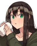  1girl bangs black_hair coat collarbone cup erere green_coat green_eyes hair_between_eyes holding holding_cup hooded_coat idolmaster idolmaster_cinderella_girls long_hair looking_to_the_side mug nail_polish open_clothes open_coat open_mouth pink_nails shibuya_rin sleeves_past_wrists solo upper_body white_background 