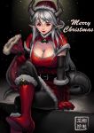  1girl belt black_legwear black_sleeves breasts christmas cleavage cleavage_cutout demon_horns detached_sleeves dress epic7 forehead_jewel fur_trim gloves hat highres horns large_breasts legs_crossed lips long_hair looking_at_viewer luna_(epic7) merry_christmas nose pointy_ears red_dress red_eyes red_gloves ribbon ryu_shou sack santa_costume santa_hat silver_hair sitting smile solo tail tail_ribbon thigh-highs 