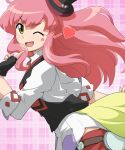  1girl ;d bioroid_hei black_gloves black_hat brown_eyes fingerless_gloves floating_hair gloves hat heart log_horizon long_hair looking_at_viewer one_eye_closed open_mouth pink_hair smile solo tetra_(log_horizon) 