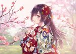  1girl :d bangs black_hair blue_eyes blurry blurry_background blush cherry_blossoms commentary_request day depth_of_field eyebrows_visible_through_hair floating_hair floral_print flower fukahire_(ruinon) furisode hair_flower hair_ornament hand_up japanese_clothes kanzashi kimono long_hair long_sleeves looking_at_viewer looking_back obi open_mouth original outdoors red_flower red_kimono sash sidelocks sky smile solo tree tree_branch upper_body upper_teeth wide_sleeves 