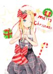  1girl ;) abigail_williams_(fate/grand_order) bangs bare_arms bare_shoulders bell black_bow black_dress blonde_hair blue_eyes blush bow box candy candy_cane christmas christmas_wreath closed_mouth collarbone commentary_request diagonal_stripes dress eyebrows_visible_through_hair fate/grand_order fate_(series) food forehead fur-trimmed_dress fur-trimmed_hat fur_trim gift gift_box hair_bow hat long_hair one_eye_closed parted_bangs plaid plaid_dress polka_dot polka_dot_bow red_bow red_hat santa_hat sleeveless sleeveless_dress smile solo star striped striped_bow white_background yukaa 