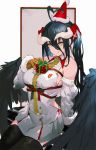  1girl ahoge albedo bangs bare_shoulders black_feathers black_hair black_wings bow breasts brown_gloves christmas christmas_present commentary_request demon_girl demon_horns demon_wings detached_sleeves dress feathered_wings feathers gloves hair_between_eyes hat highres horns large_breasts licking_lips looking_at_viewer low_wings overlord_(maruyama) pleated_skirt red_bow red_ribbon ribbon santa_hat sideboob sitting skirt slit_pupils so-bin thigh-highs tongue tongue_out twintails white_dress wings yellow_eyes 