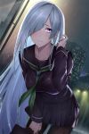  bag brynhildr_(fate) building closed_mouth fate/grand_order fate_(series) hair_over_eyes hand_in_hair holding long_hair looking_at_viewer maple_luwen night pantyhose rain school_uniform skyscraper wet wet_clothes 