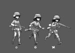  3girls ammunition_pouch boots erica_(naze1940) grey_background greyscale gun helmet holding holding_gun holding_weapon jacket long_sleeves military military_uniform monochrome multiple_girls original pants pouch rifle running short_hair simple_background soldier standing uniform walking weapon world_war_ii 