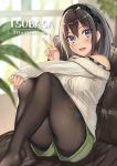  1girl :d bangs bare_shoulders black_hairband black_legwear blue_eyes blurry blurry_background blurry_foreground blush brown_hair cover cover_page depth_of_field eyebrows_visible_through_hair green_shorts hair_between_eyes hairband hand_up head_tilt indoors kureha_(ironika) long_hair long_sleeves looking_at_viewer no_shoes off-shoulder_sweater open_mouth original pantyhose ribbed_sweater short_shorts shorts sitting sleeves_past_wrists smile solo sweater v white_sweater window 