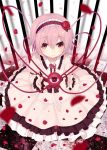  checkered checkered_floor dress frilled_dress frills hairband heart komeiji_satori minamura_haruki petals pink_dress pink_eyes pink_hair rose_hair_ornament rose_petals short_hair third_eye touhou 