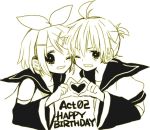  1boy 1girl ;d ahoge anzu_(o6v6o) brother_and_sister detached_sleeves english_text hair_ornament hair_ribbon hairpin happy_birthday headphones heart heart_hands heart_hands_duo kagamine_len kagamine_rin monochrome one_eye_closed open_mouth ribbon school_uniform serafuku short_hair short_ponytail siblings smile twins upper_body vocaloid 