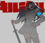  1girl bakuzan black_hair blue_eyes eyebrows high_collar junketsu katana kill_la_kill kiryuuin_satsuki long_hair looking_at_viewer na_in-sung pleated_skirt school_uniform simple_background skirt solo sword thick_eyebrows thighs weapon white_background white_legwear 