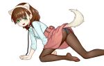  1girl all_fours animal_ears brown_hair collar dog_ears dog_tail fake_animal_ears green_eyes idolmaster idolmaster_cinderella_girls leash mabera panties pantyhose sakuma_mayu skirt skirt_lift solo tail underwear white_background 